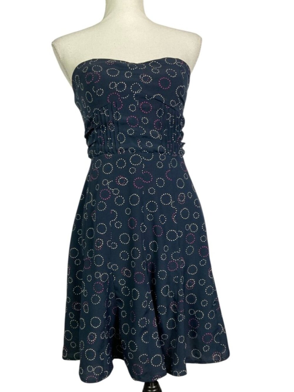Vintage Y2K American Eagle Strapless Mini Dress Size 6 Navy Geometric Dot Fit Fl